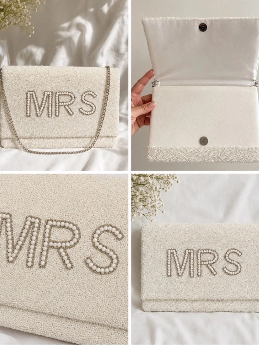 Mrs Pearl-Embellished Cream Clutch Bag